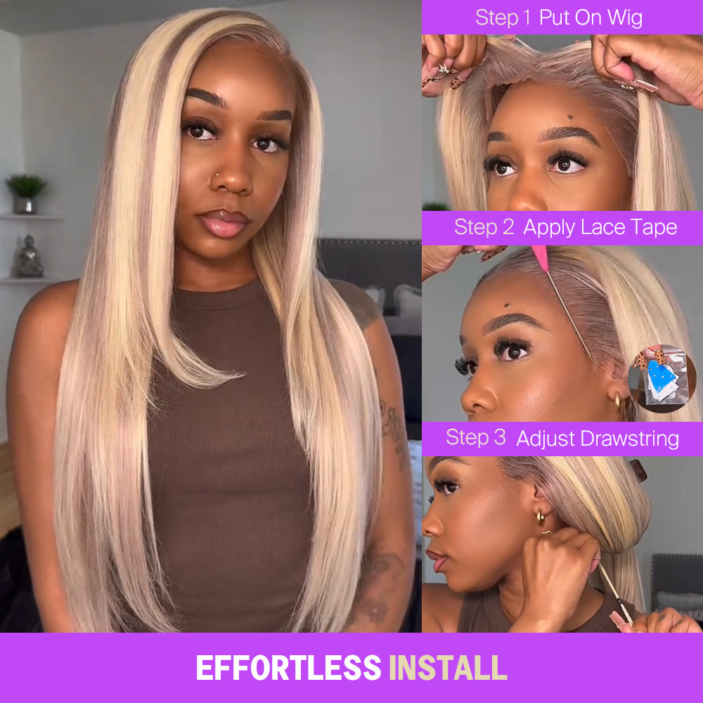 Blonde Highlight Glueless Wigs Silky Straight With Drawstring Hair Wig