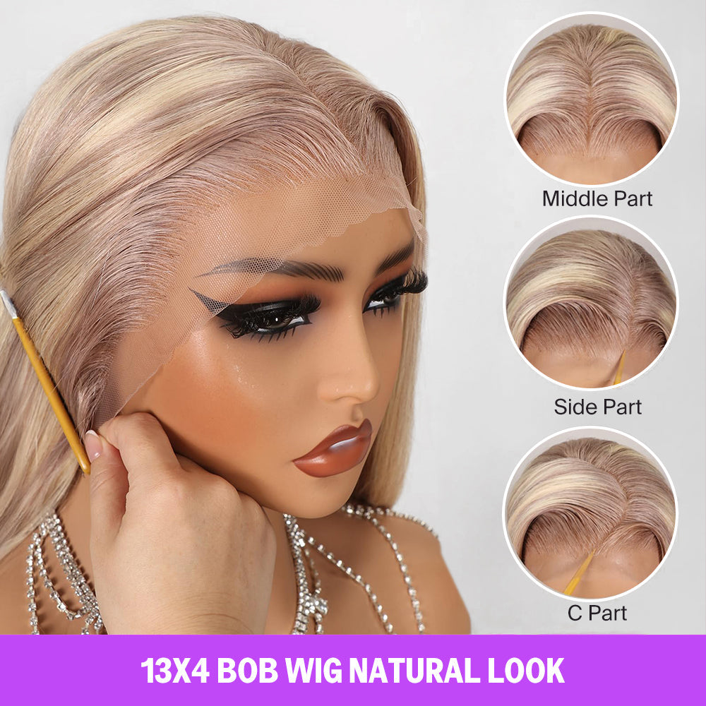 Invisible Knots & Lace Frontal Blonde Highlight Straight Bob Wigs Realistic Hairline Beginner Friendly