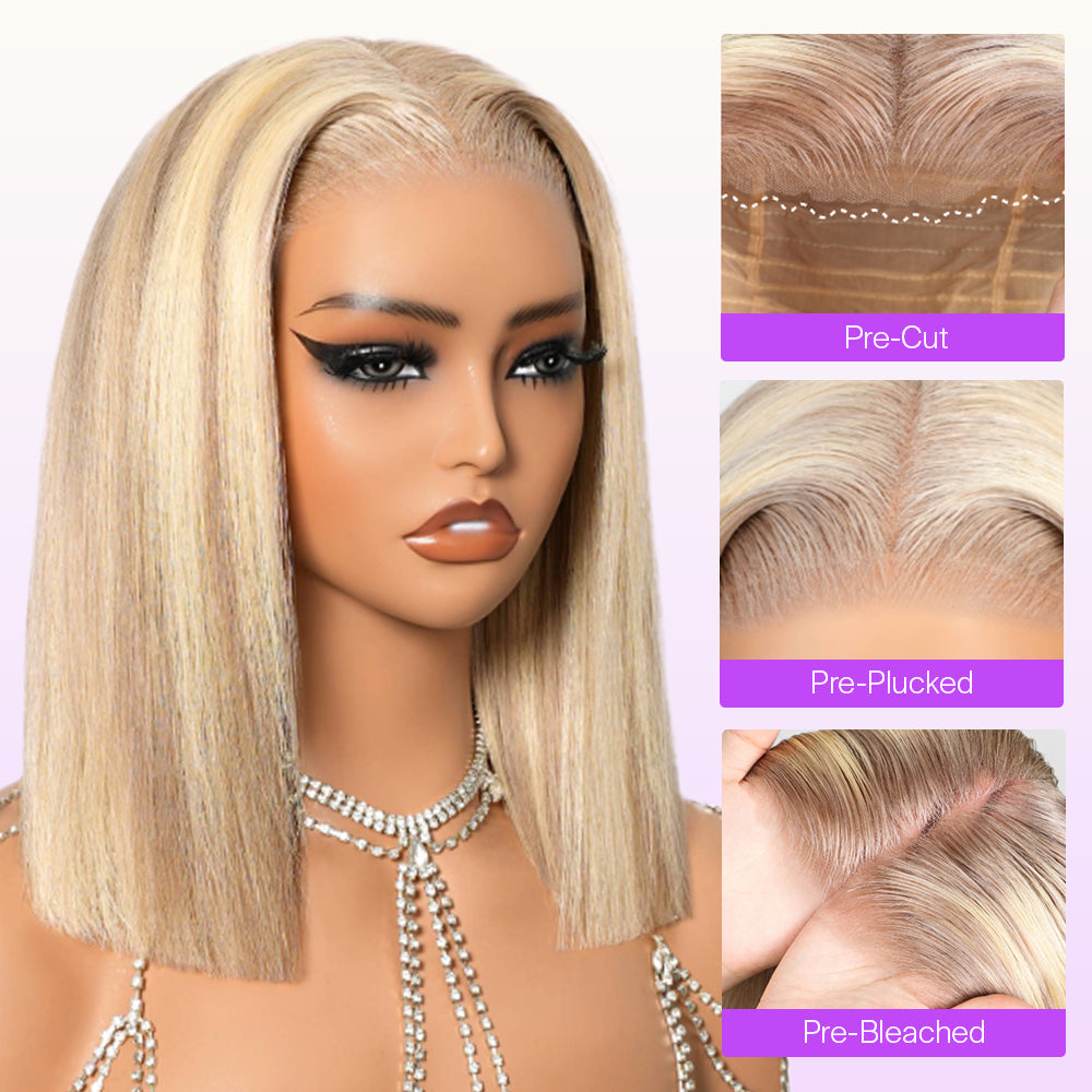 Invisible Knots & Lace Frontal Blonde Highlight Straight Bob Wigs Realistic Hairline Beginner Friendly