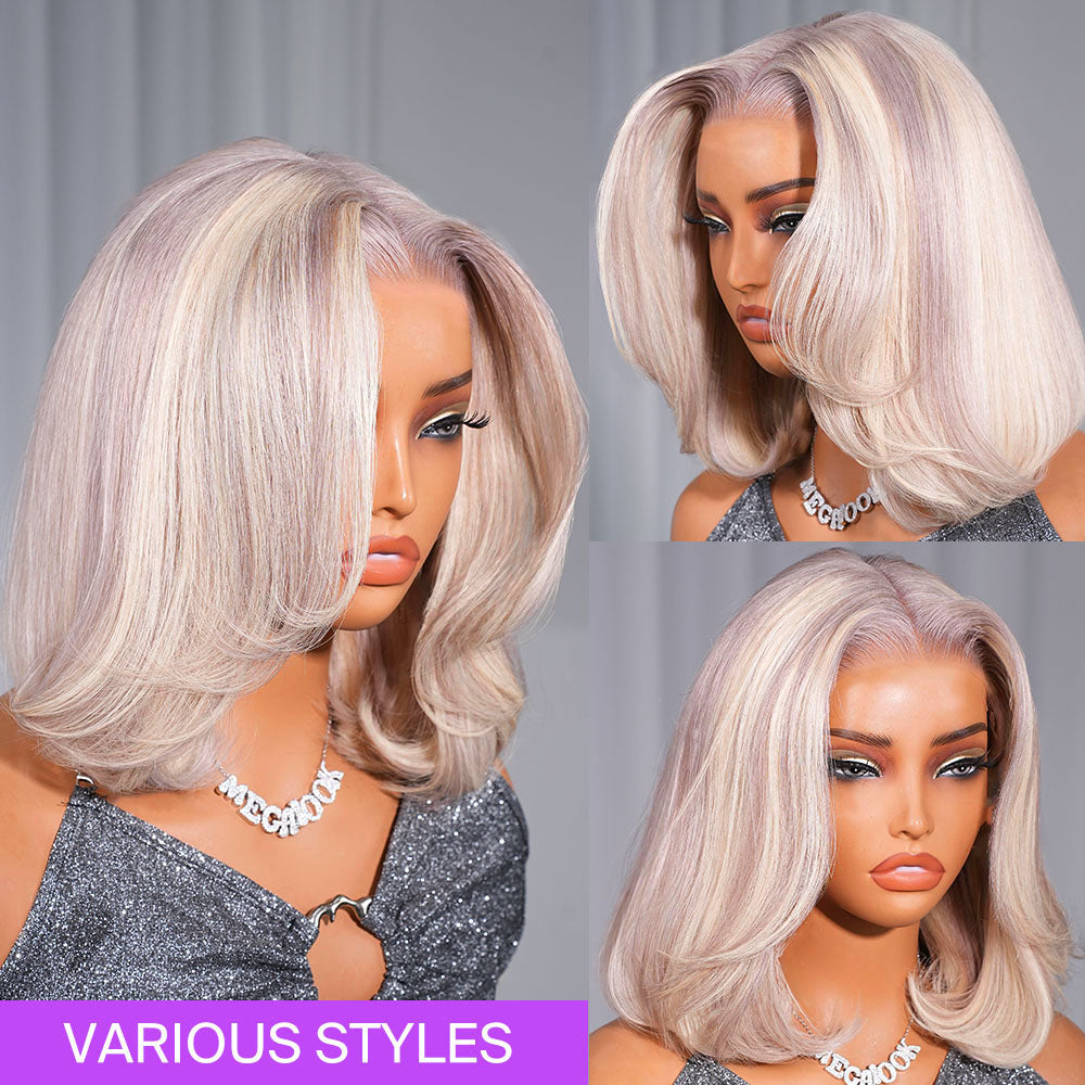 Invisible Knots & Lace Frontal Blonde Highlight Straight Bob Wigs Realistic Hairline Beginner Friendly