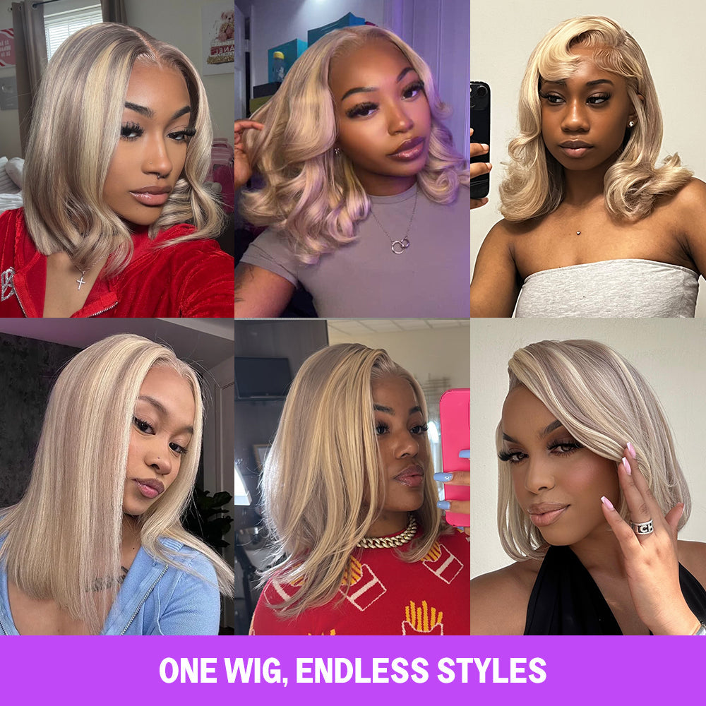 Invisible Knots & Lace Frontal Blonde Highlight Straight Bob Wigs Realistic Hairline Beginner Friendly