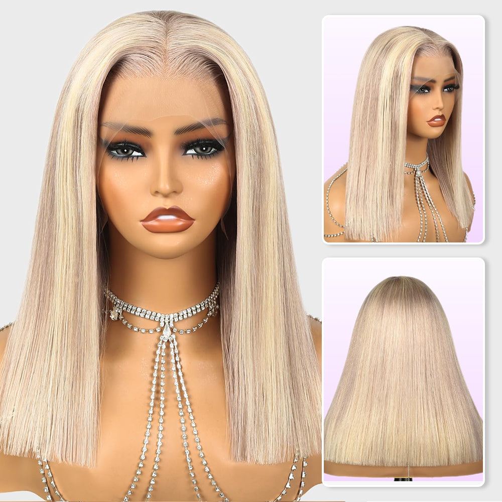 Invisible Knots & Lace Frontal Blonde Highlight Straight Bob Wigs Realistic Hairline Beginner Friendly