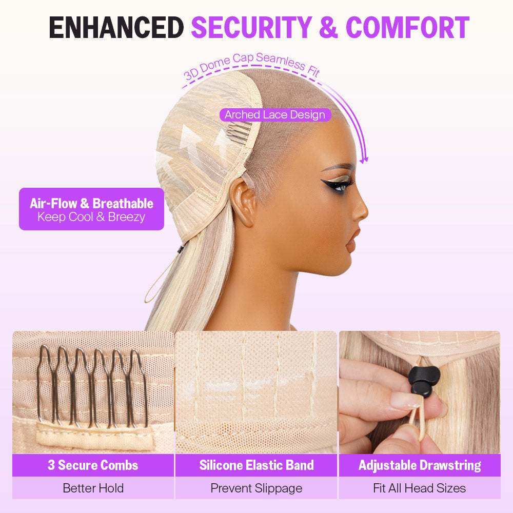 Blonde Highlight Glueless Wigs Silky Straight With Drawstring Hair Wig