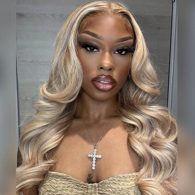 Blonde Highlight Glueless Wigs Silky Straight With Drawstring Hair Wig