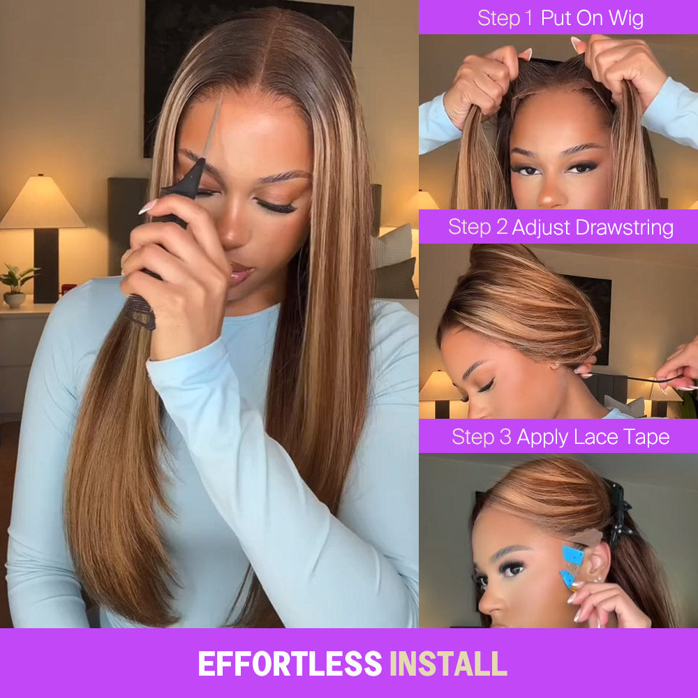 Highlight Honey Blonde Glueless Wigs Silky Straight With Drawstring Hair Wig