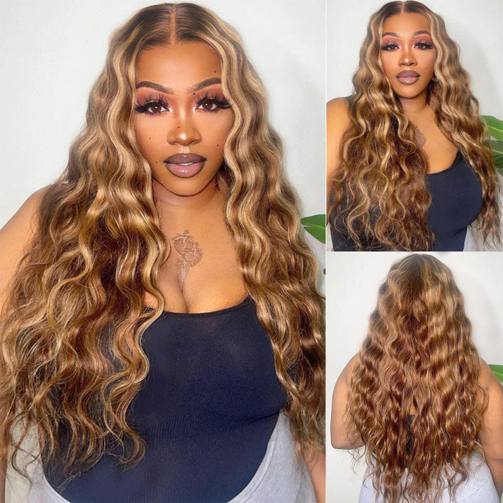 Bohemian Natural Curl Highlight Honey Blonde Glueless Wigs With Drawstring Hair Wig