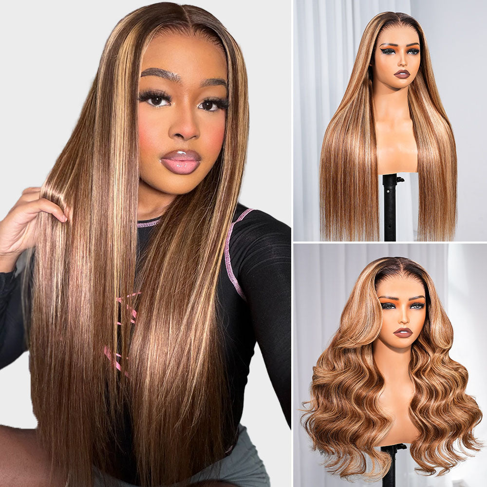 Highlight Honey Blonde Glueless Wigs Silky Straight With Drawstring Hair Wig