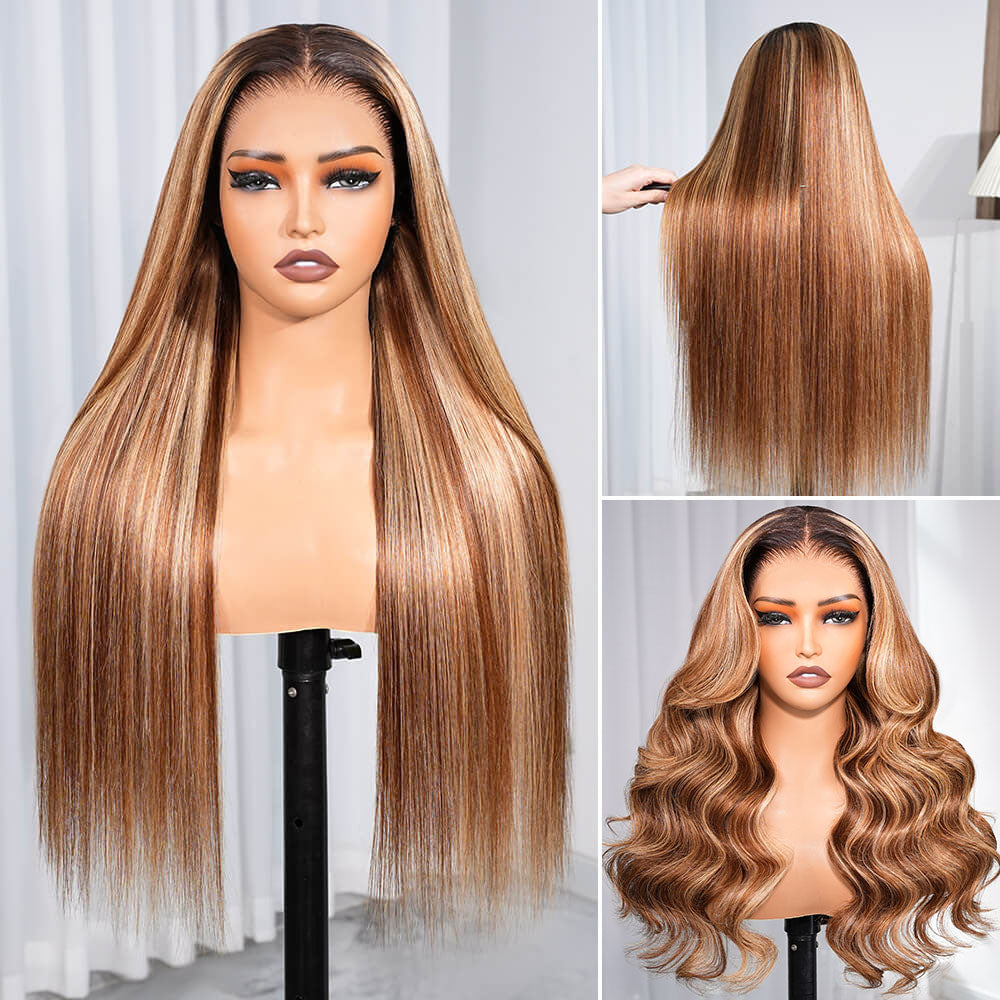 Highlight Honey Blonde Glueless Wigs Silky Straight With Drawstring Hair Wig