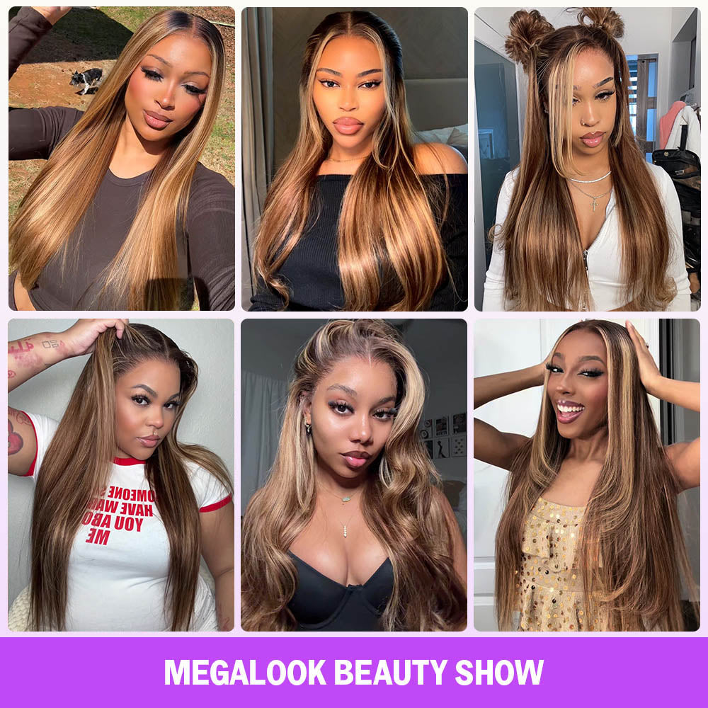 Highlight Honey Blonde Glueless Wigs Silky Straight With Drawstring Hair Wig