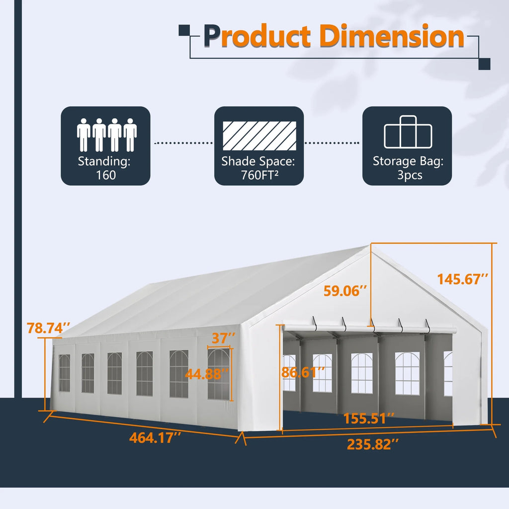 20x40 FT Heavy-Duty Party Tent with 3 Storage Bags - Large Waterproof Wedding Event Shelter for Removable Sidewalls & Zipper Door - Outdoor Commercial Tent for Parties Carport Camping BBQ Garden