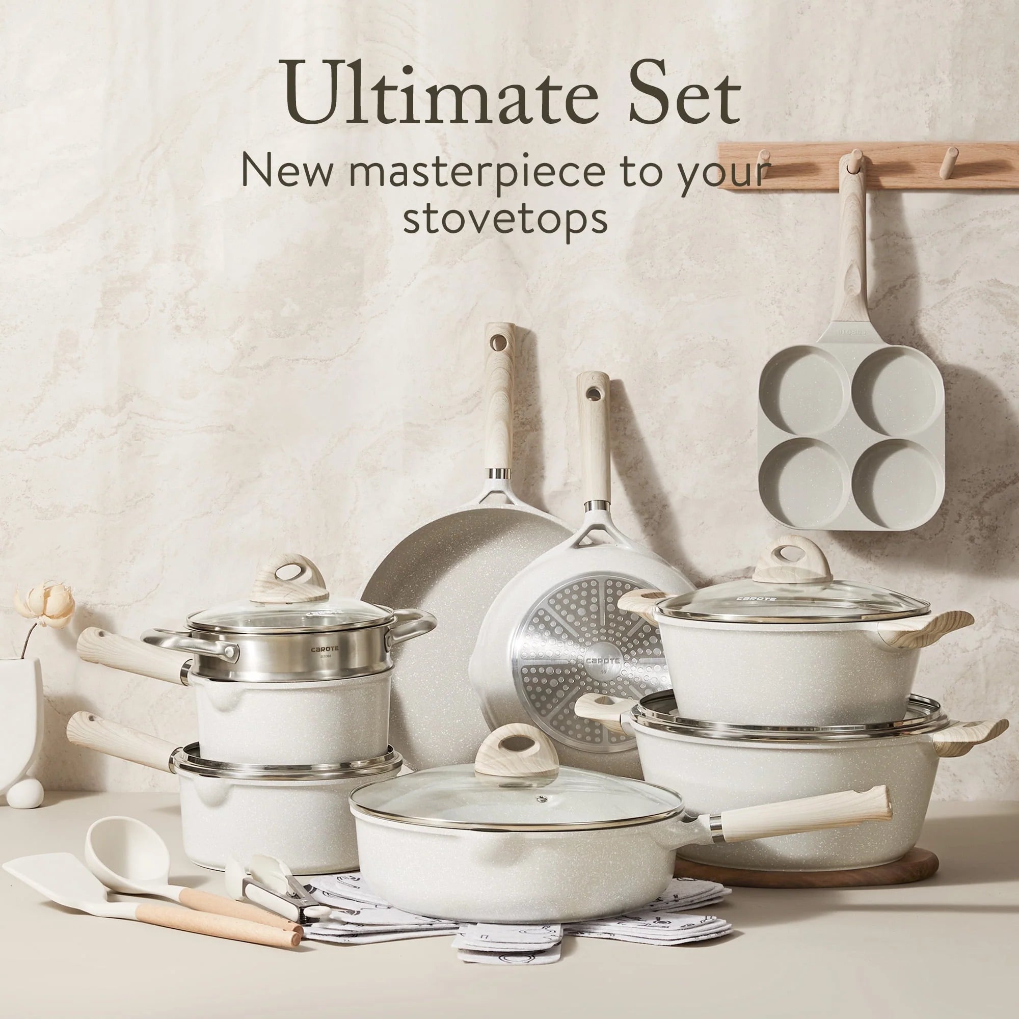 Carote 21-Piece Nonstick Cookware Set, Eco-Friendly Granite, Induction Compatible, Beige