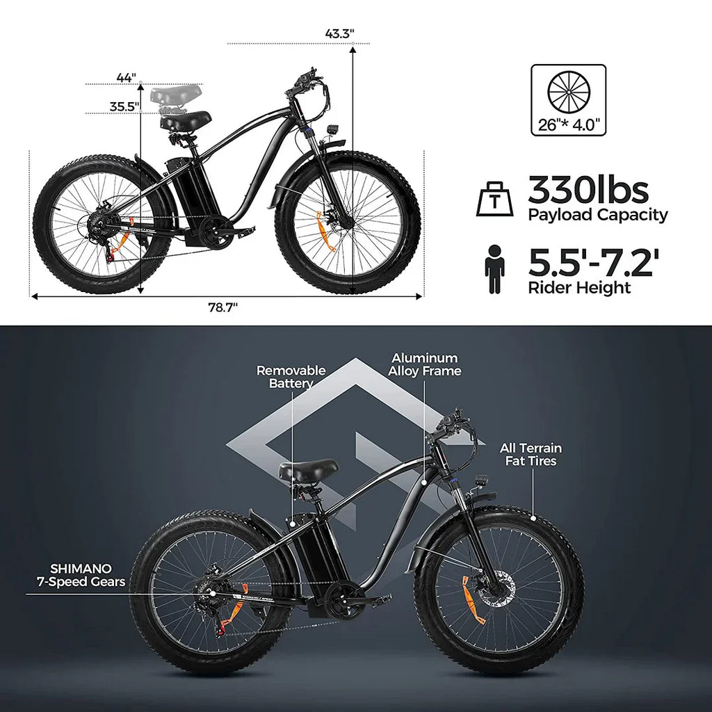750W Electric Mountain Bike - 48V/15Ah Battery, Dual Disc Brakes, Shimano 7-Speed, Black