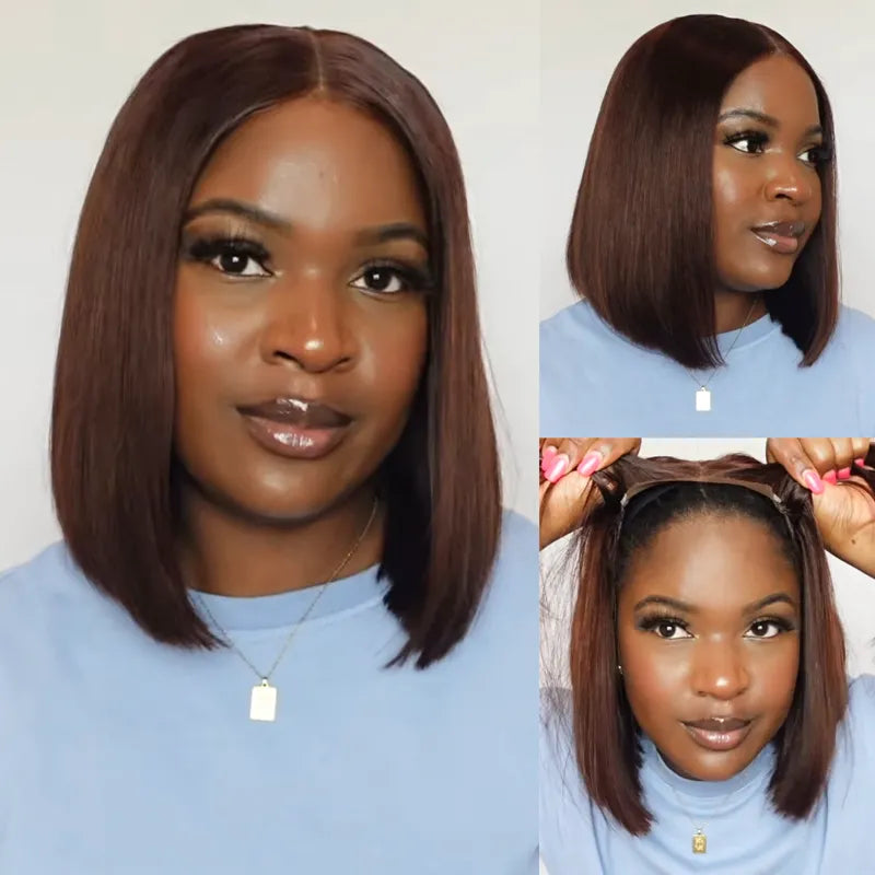 Lace Frontal Reddish Brown Straight Bob Invisible Knots Breathable Cap