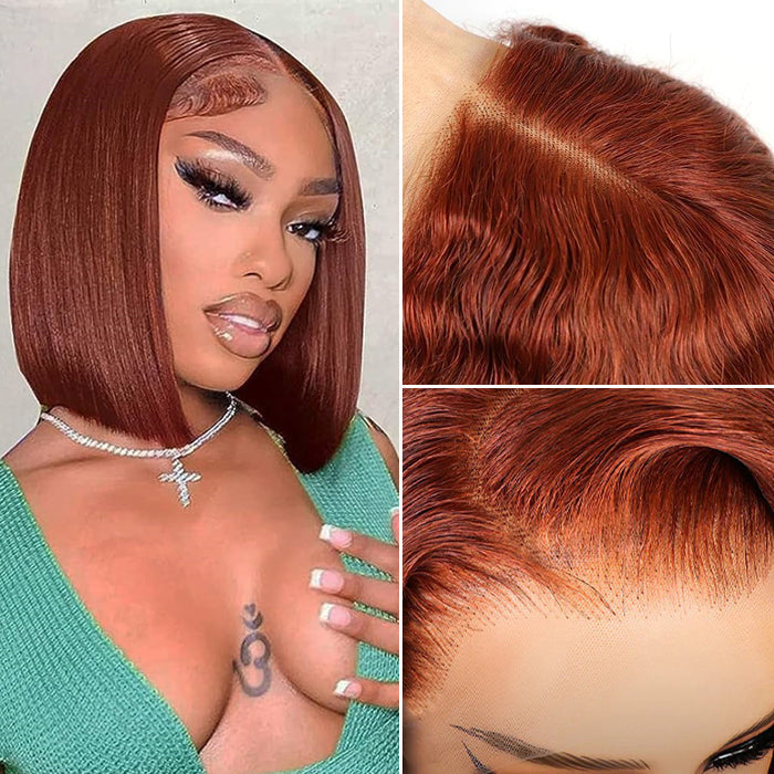 Lace Frontal Reddish Brown Straight Bob Invisible Knots Breathable Cap