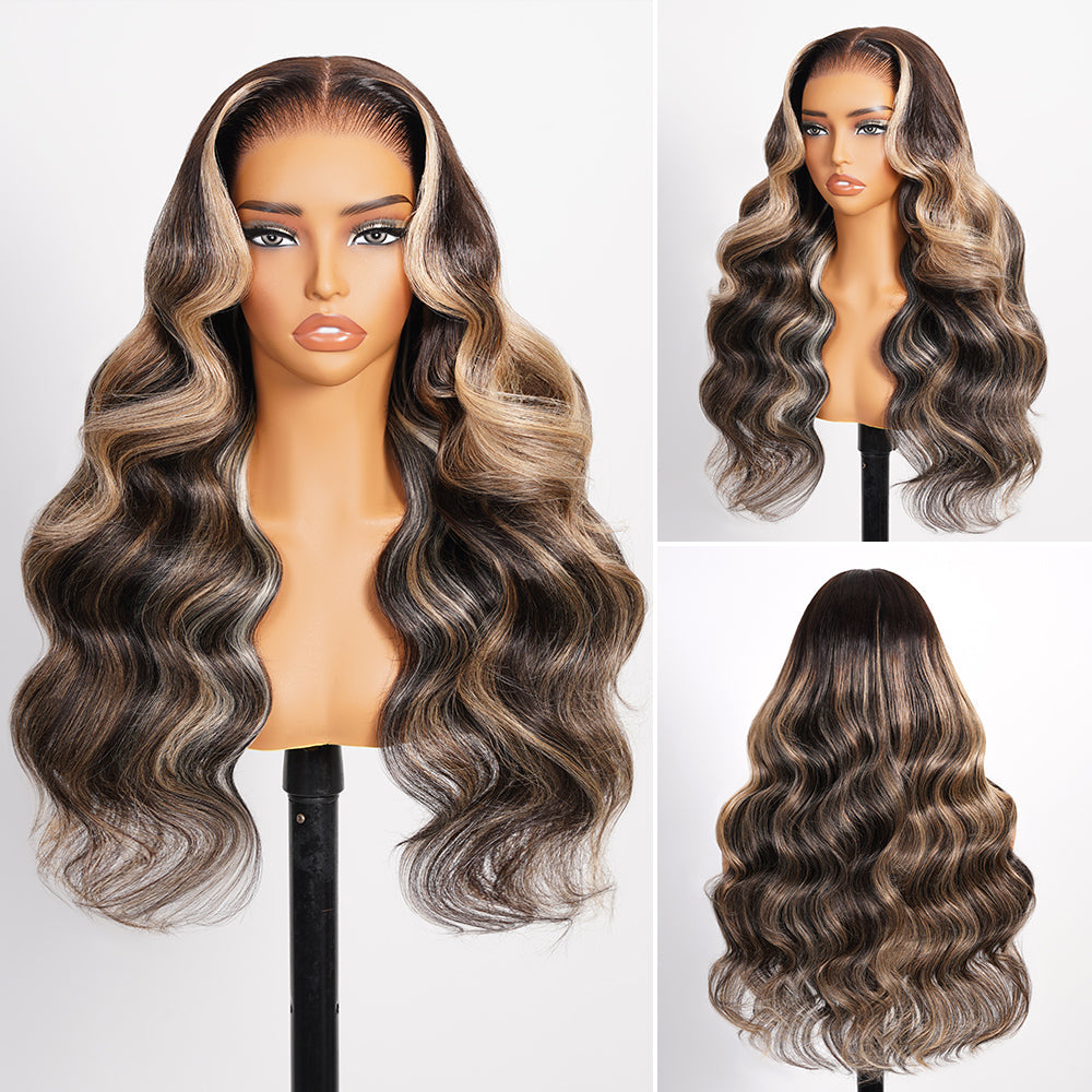 Ombre Platinum Blonde Balayage Highlights Glueless Wigs Body Wave With Drawstring Hair Wig
