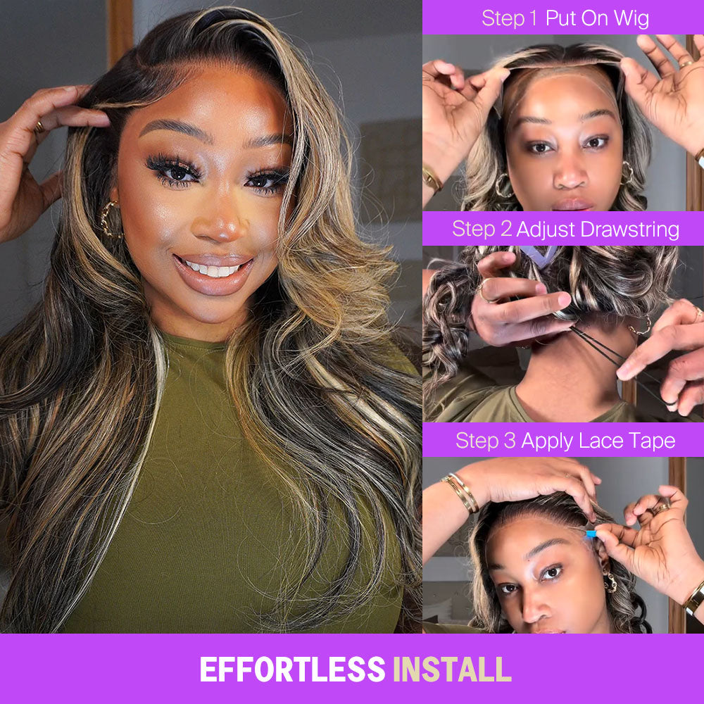 Ombre Platinum Blonde Balayage Highlights Glueless Wigs Body Wave With Drawstring Hair Wig