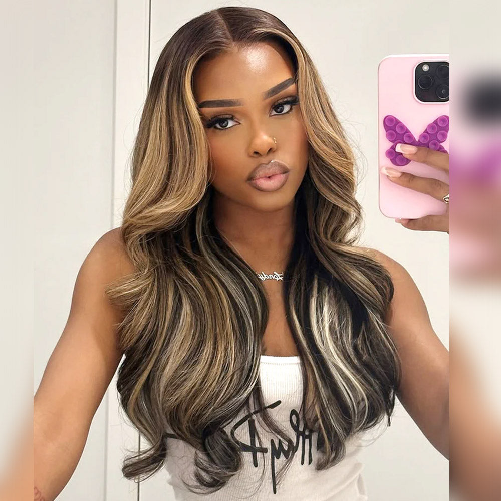 Ombre Platinum Blonde Balayage Highlights Glueless Wigs Body Wave With Drawstring Hair Wig