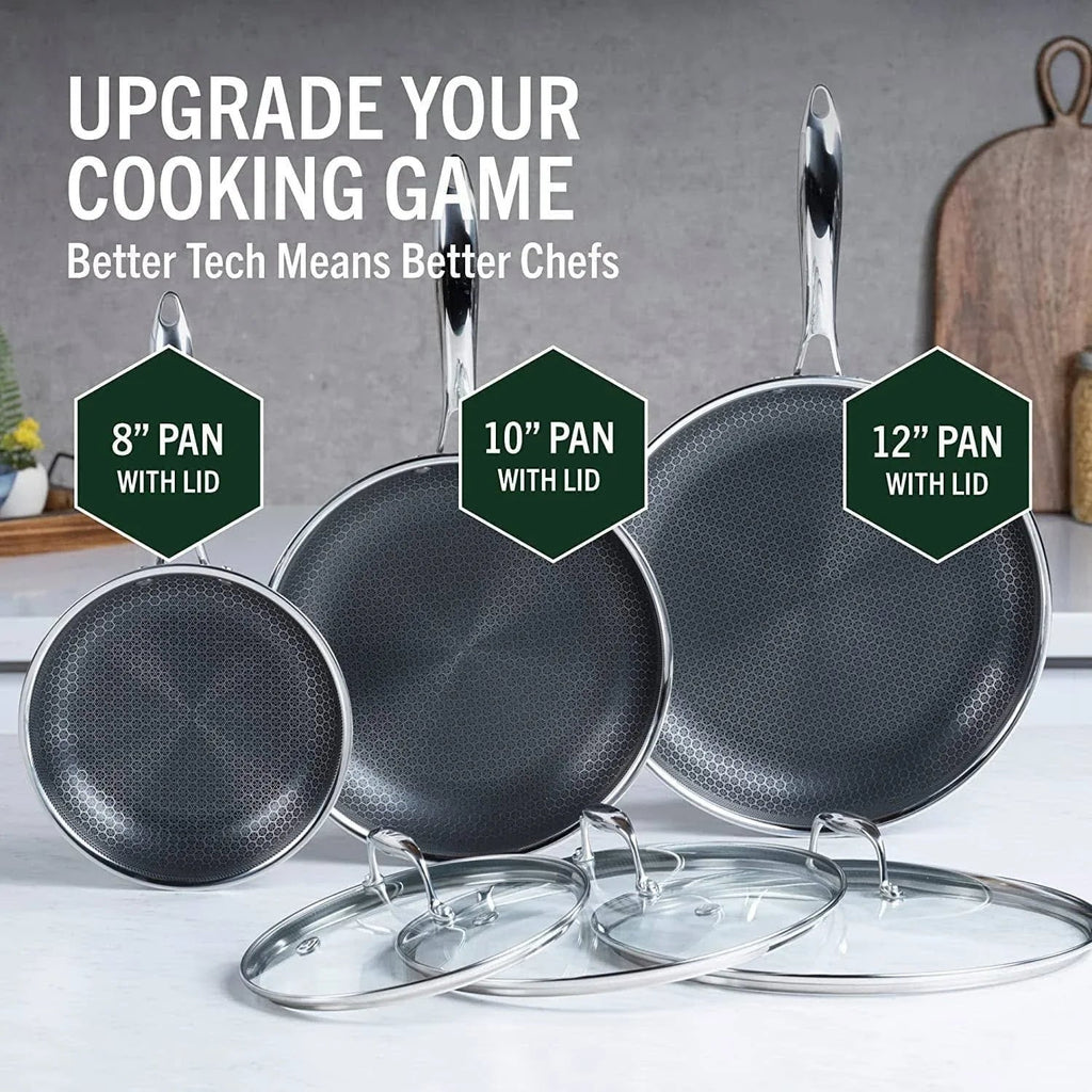 HexClad 6 Piece Hybrid Stainless Steel Cookware Pan Set 8 inch 10 inch 12 inch with Glass Lids Size: One size Black