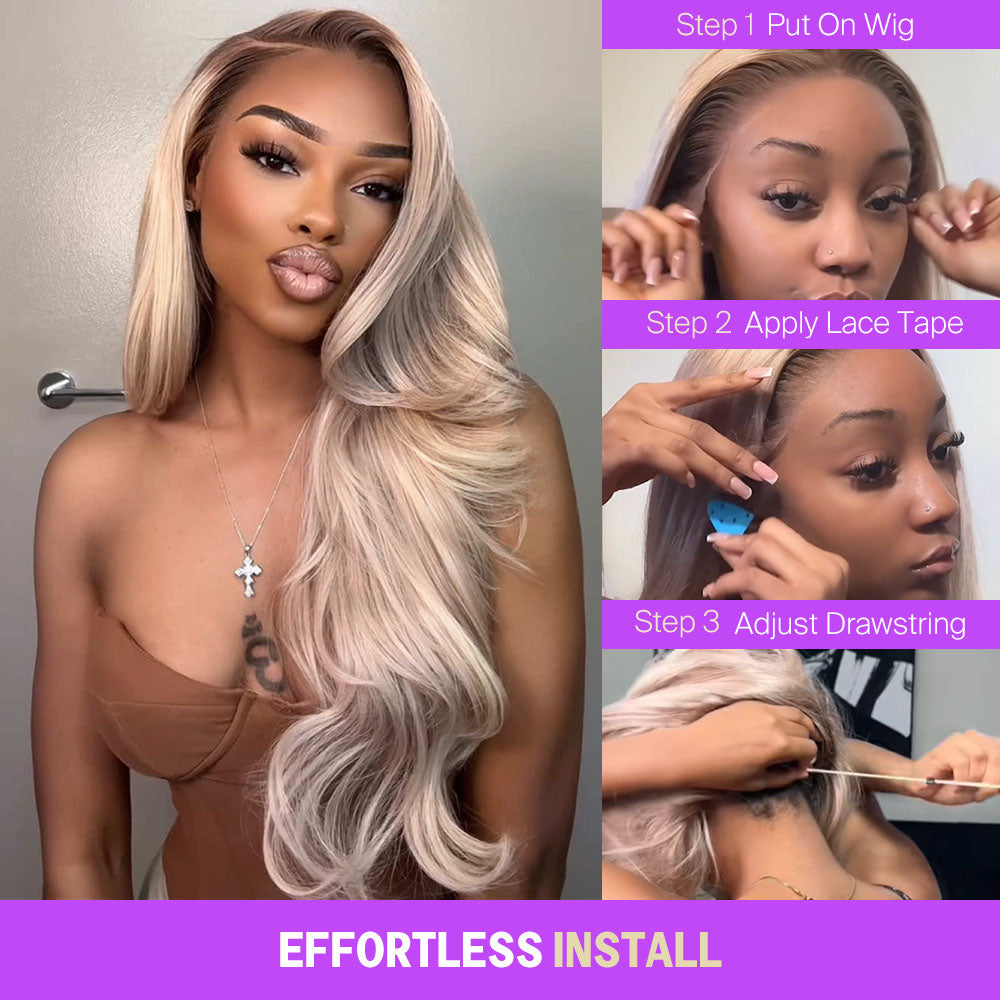 Ash Blonde Ombre Glueless Wigs Silky Straight With Drawstring Hair Wig