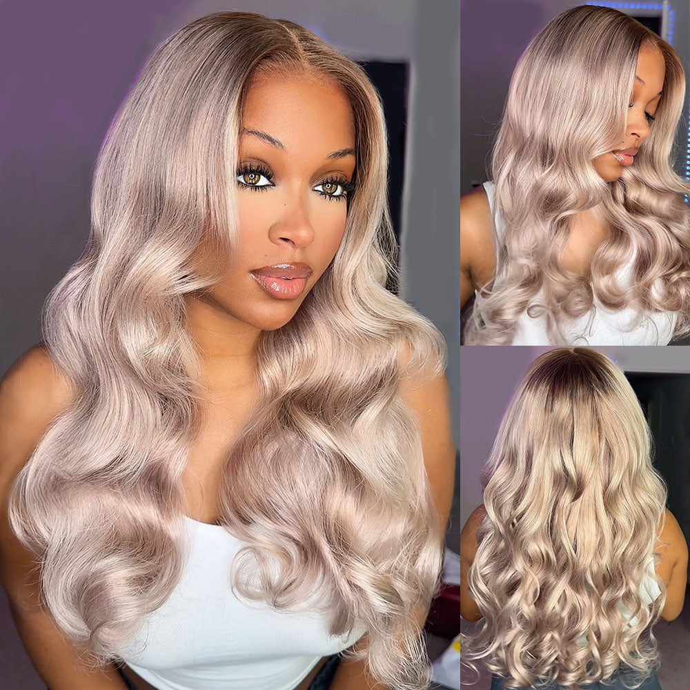 Ash Blonde Ombre Glueless Wigs Silky Straight With Drawstring Hair Wig