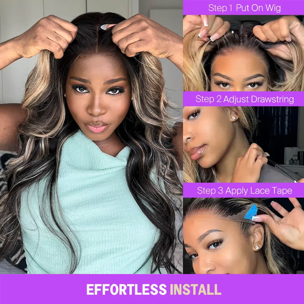 Balayage Highlight Glueless Wigs Silky Straight With Drawstring Hair Wig