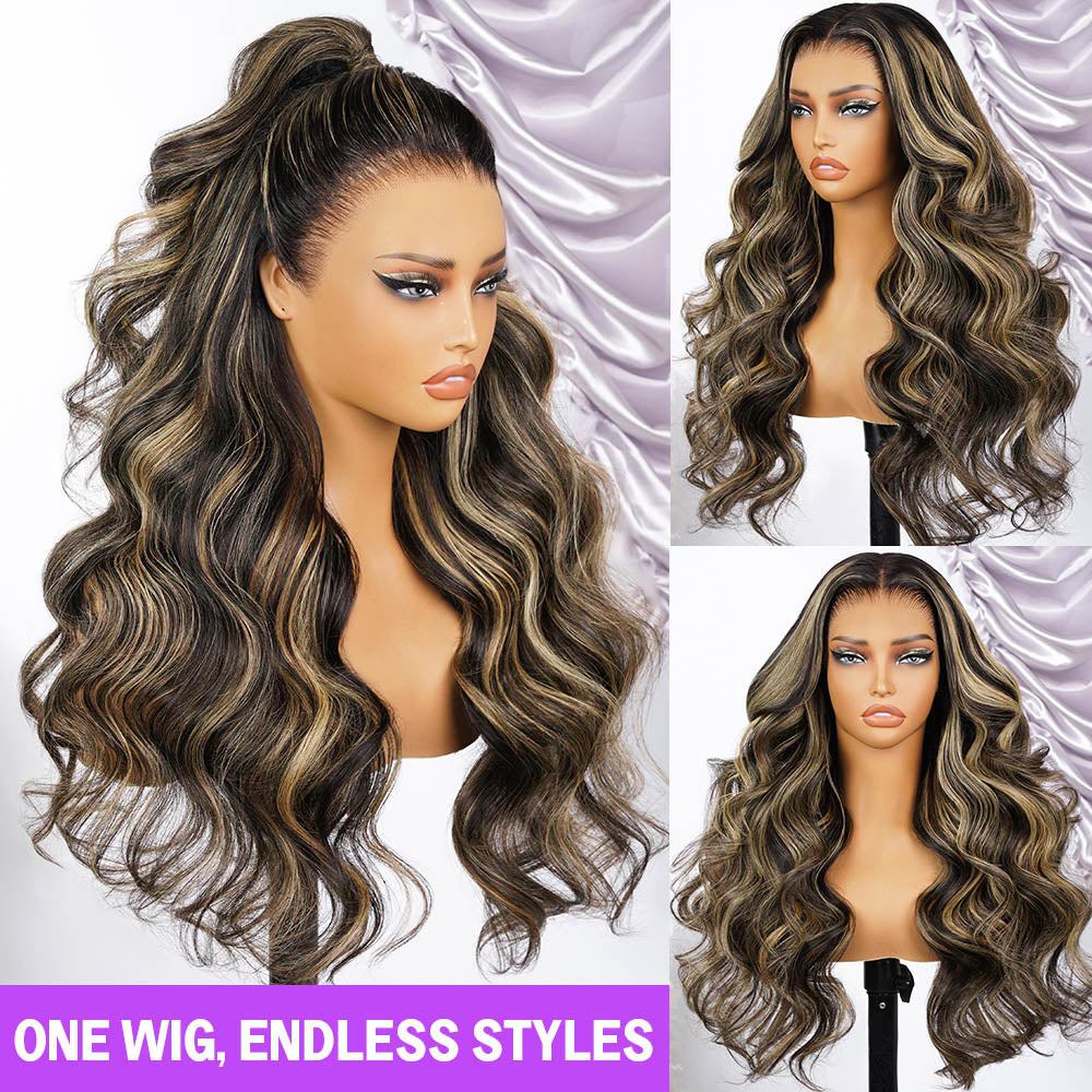 Balayage Highlight Glueless Wigs Silky Straight With Drawstring Hair Wig