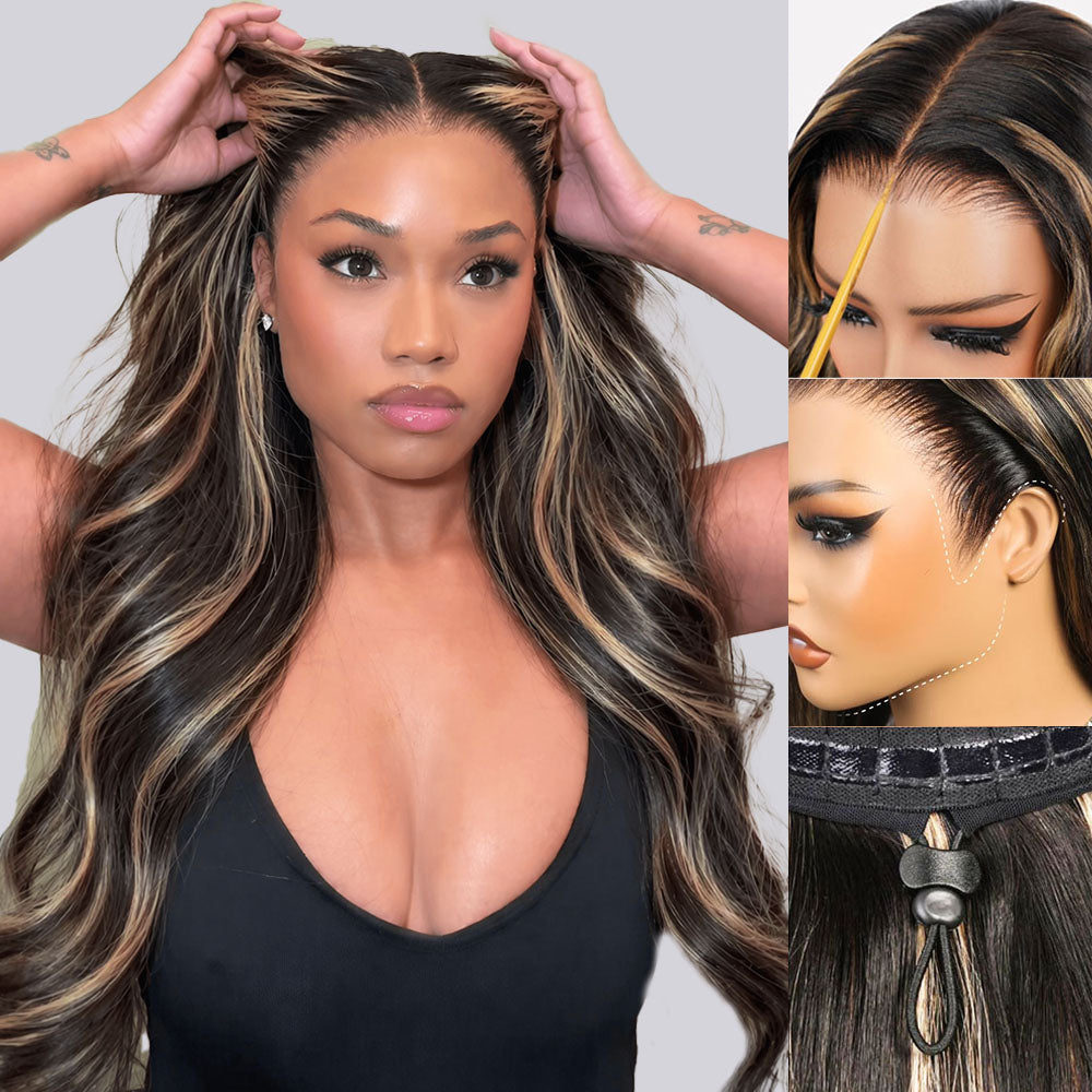 Balayage Highlight Glueless Wigs Silky Straight With Drawstring Hair Wig