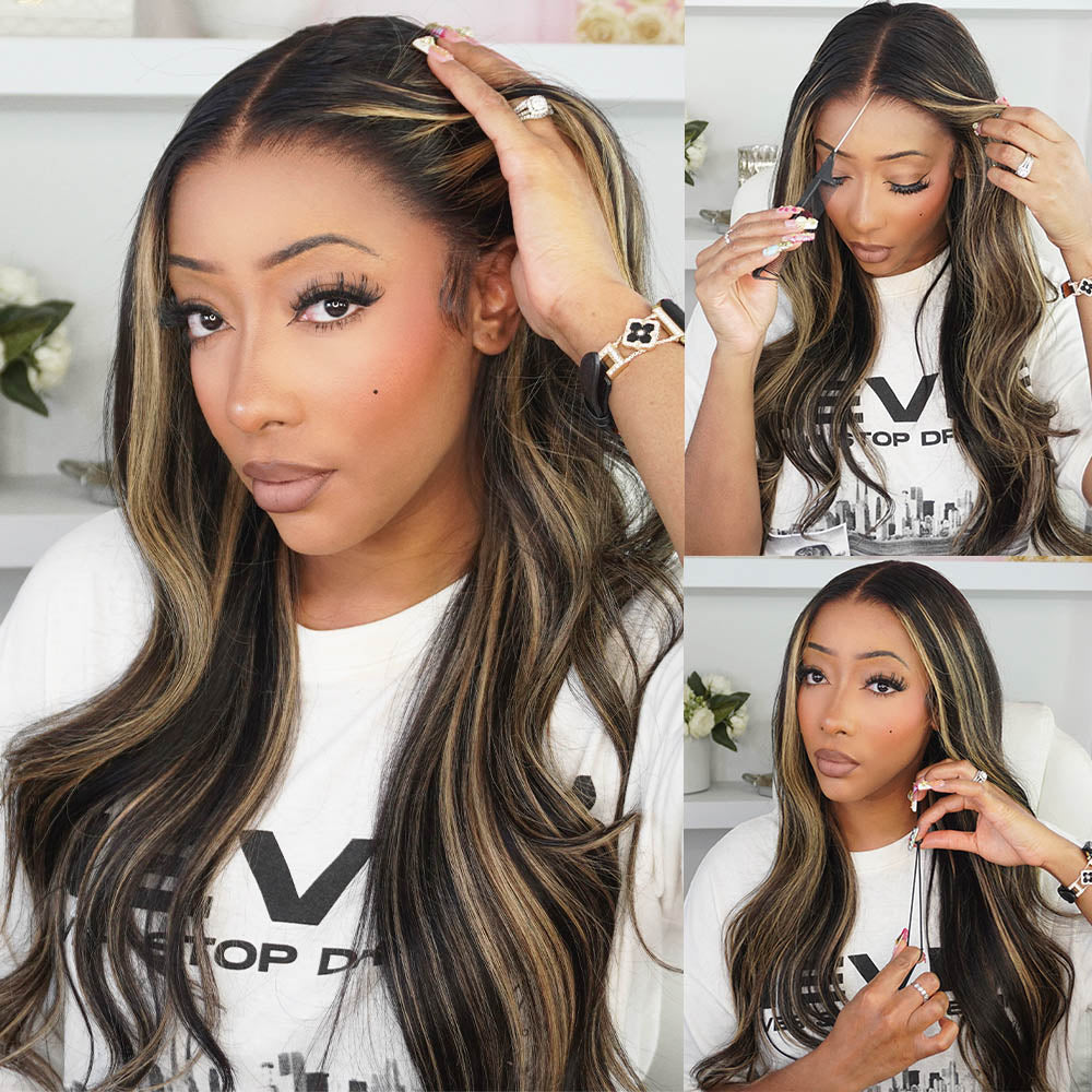 Balayage Highlight Glueless Wigs Silky Straight With Drawstring Hair Wig