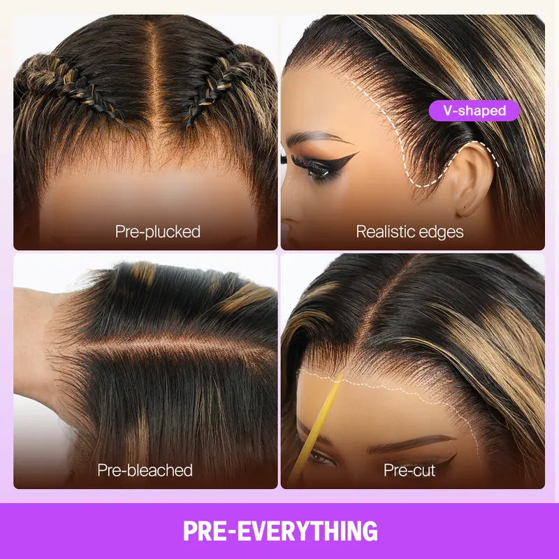 Balayage Highlight Glueless Wigs Silky Straight With Drawstring Hair Wig