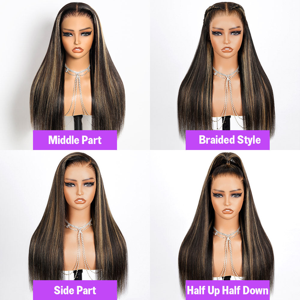 Balayage Highlight Glueless Wigs Silky Straight With Drawstring Hair Wig