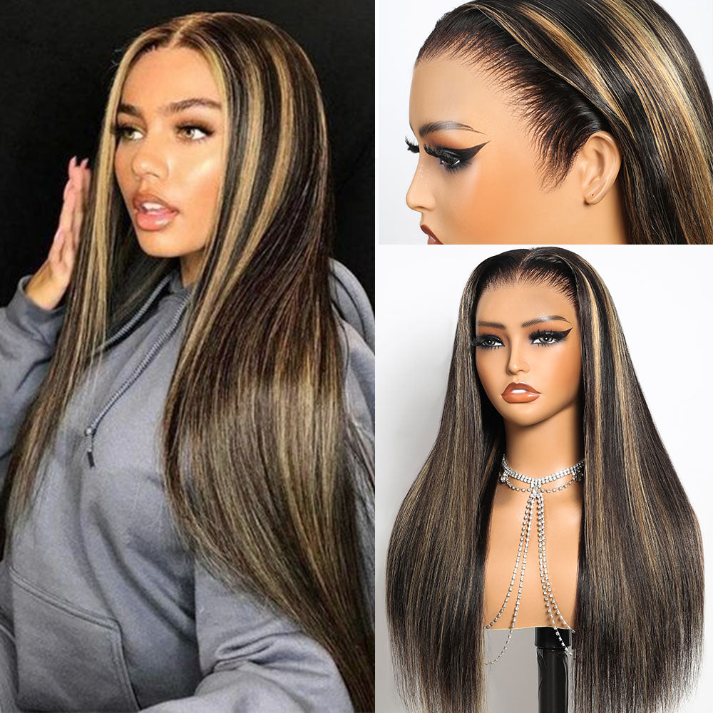 Balayage Highlight Glueless Wigs Silky Straight With Drawstring Hair Wig