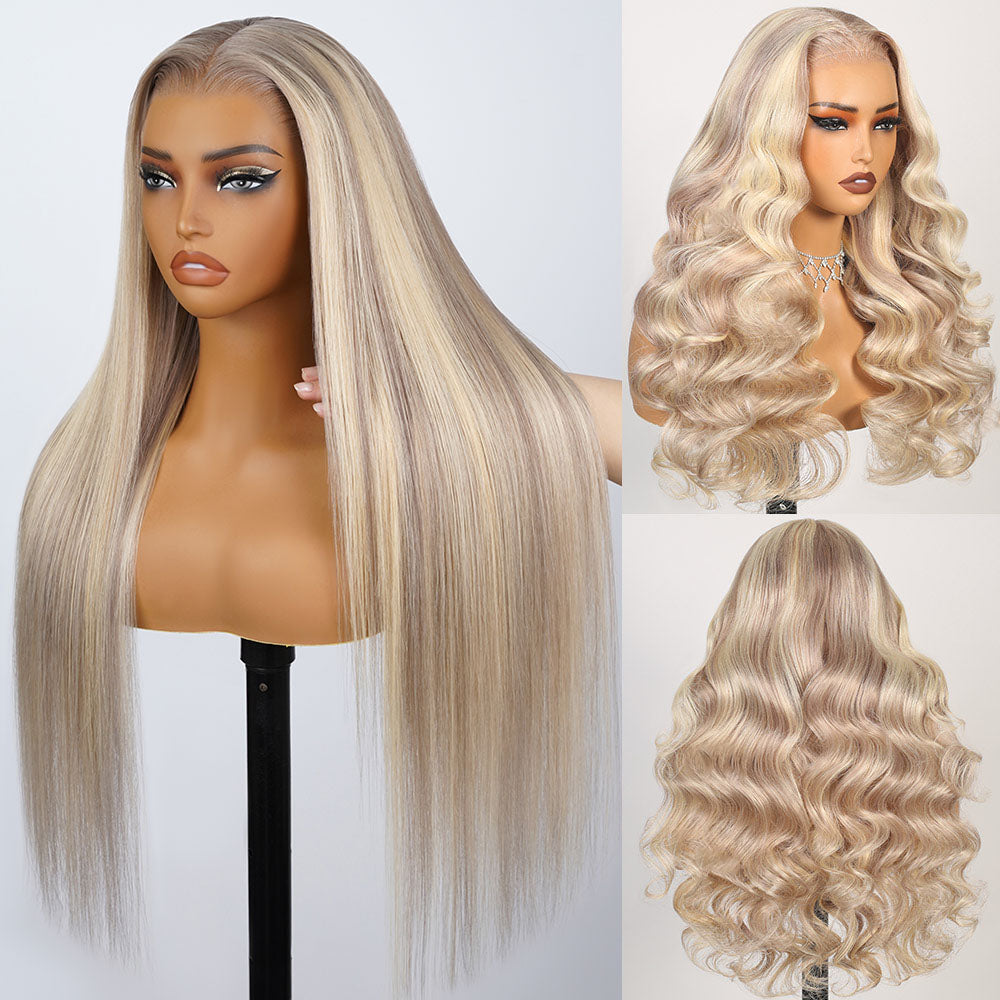 Blonde Highlight Glueless Wigs Silky Straight With Drawstring Hair Wig