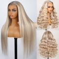 Blonde Highlight Glueless Wigs Silky Straight With Drawstring Hair Wig