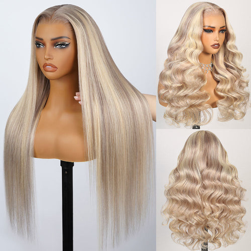 Blonde Highlight Glueless Wigs Silky Straight With Drawstring Hair Wig