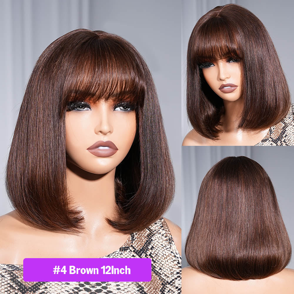 6 inch Deep Part Straight Bob Black Wig With Bangs Human Hair Glueless Wig