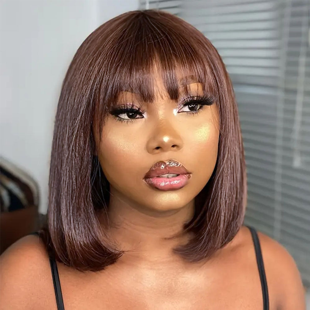 6 inch Deep Part Straight Bob Black Wig With Bangs Human Hair Glueless Wig