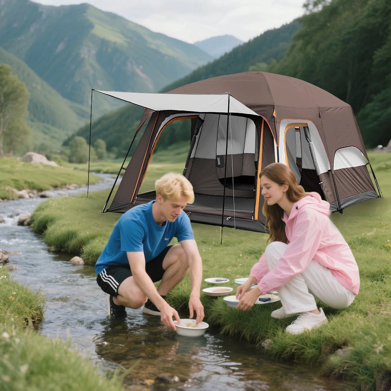 KFeng 12 Person Tents for Camping - 2Rooms 3Doors&3Windows Mesh,Suitable for Outdoor/Picnic,Brown