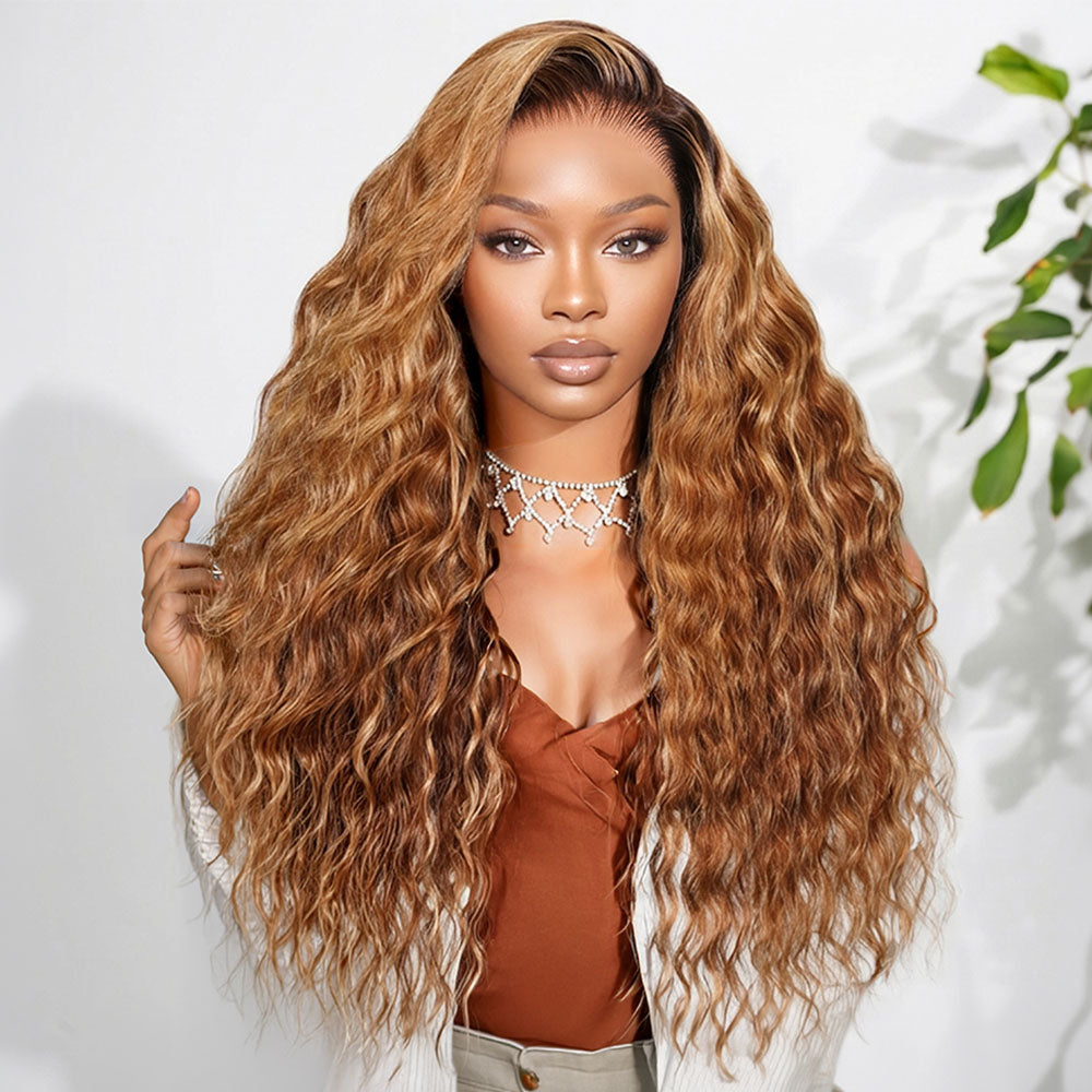 Bohemian Natural Curl Highlight Honey Blonde Glueless Wigs With Drawstring Hair Wig