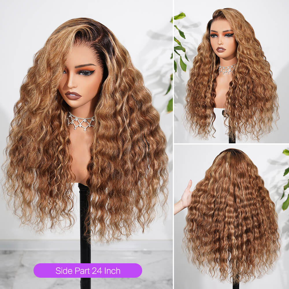 Bohemian Natural Curl Highlight Honey Blonde Glueless Wigs With Drawstring Hair Wig