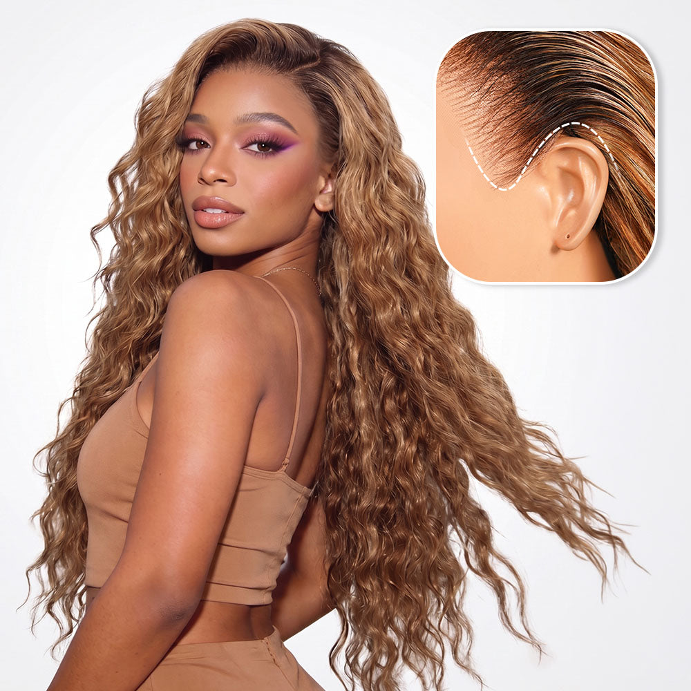 Bohemian Natural Curl Highlight Honey Blonde Glueless Wigs With Drawstring Hair Wig