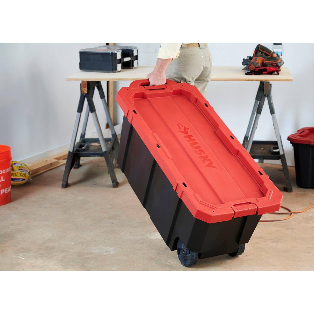 Husky 45 Gal. Heavy Duty Stackable Storage Tote with Wheels, Lockable Black Base & Red Lid