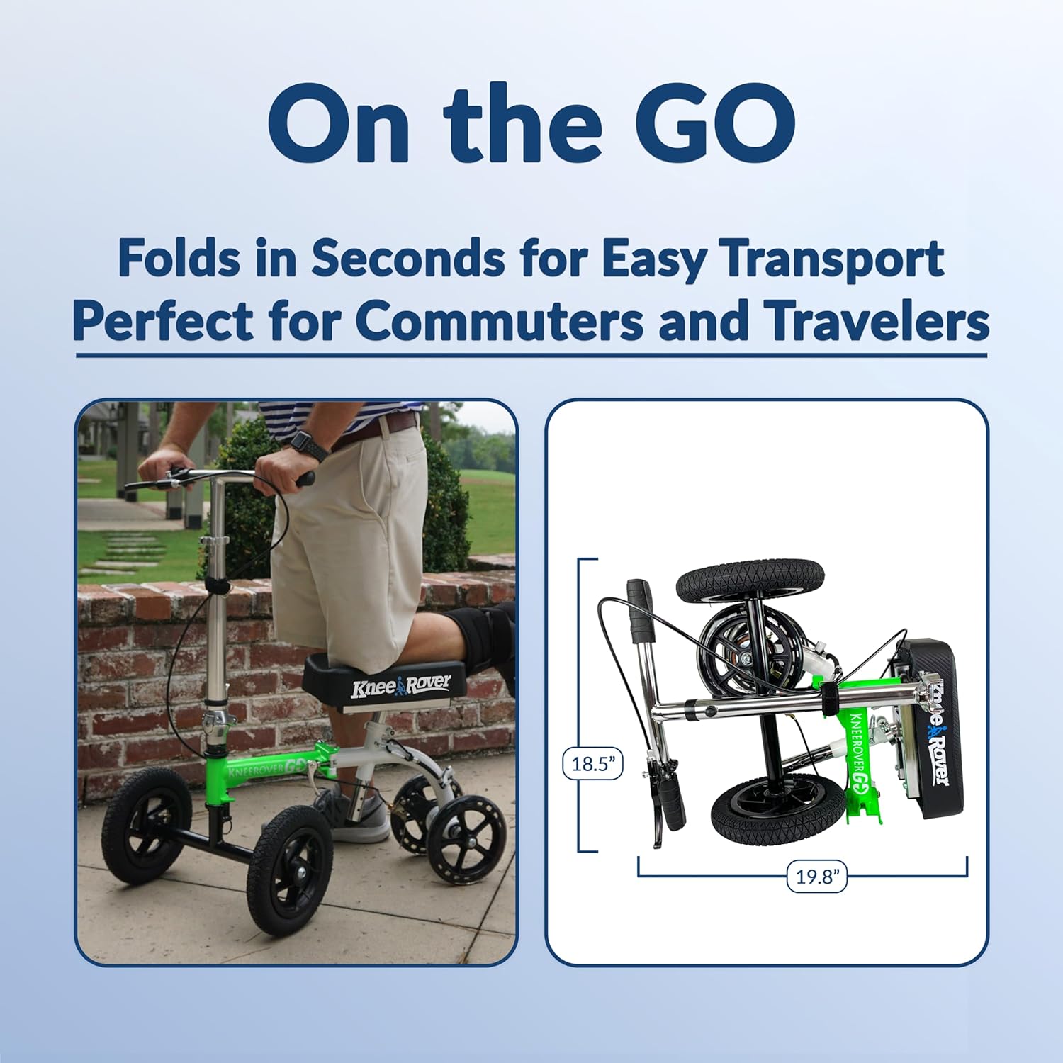 KneeRover GO HYBRID All Terrain Compact Knee Scooter for Adults - Race Car Green, Adjustable, Heavy Duty, Ideal for Foot Injuries and Recovery