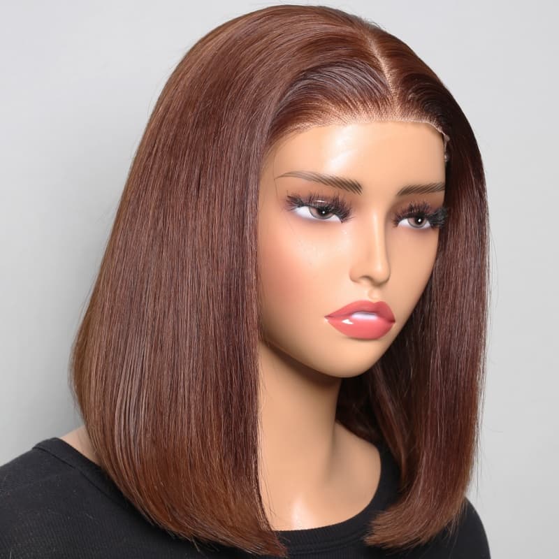 Lace Frontal Reddish Brown Straight Bob Invisible Knots Breathable Cap