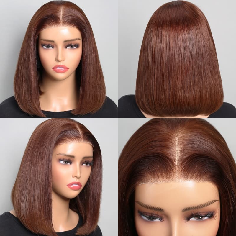 Lace Frontal Reddish Brown Straight Bob Invisible Knots Breathable Cap
