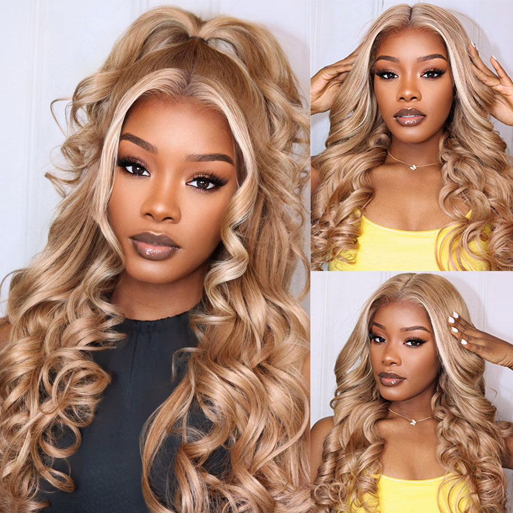 Milk Tea Brown With Highlight Glueless Body Wave With Drawstring Hair Wig