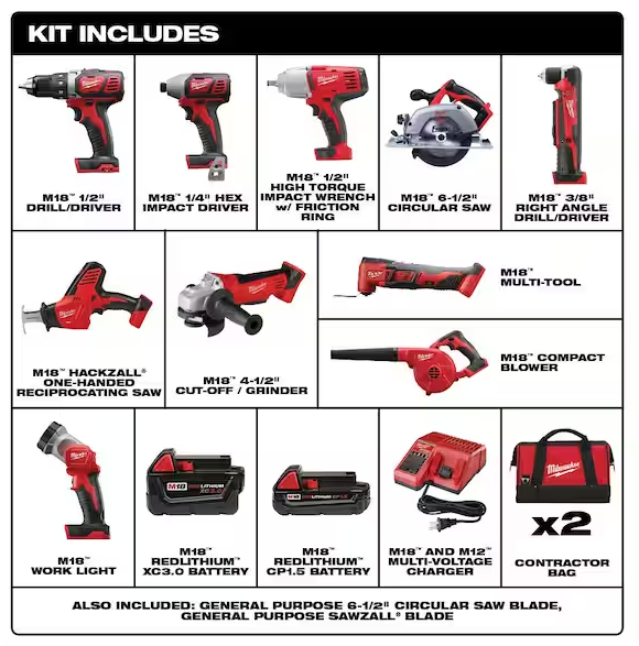 Milwaukee M18 18V Lithium-Ion Cordless 10-Tool Combo Kit with Batteries and Charger
