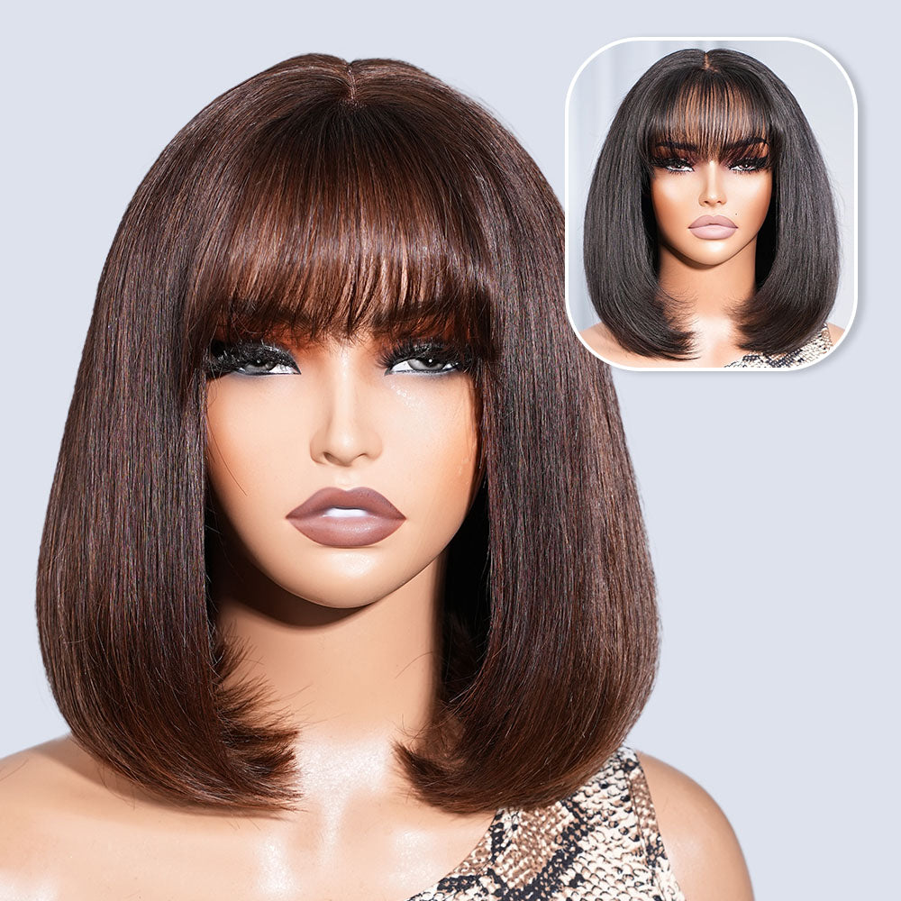 6 inch Deep Part Straight Bob Black Wig With Bangs Human Hair Glueless Wig