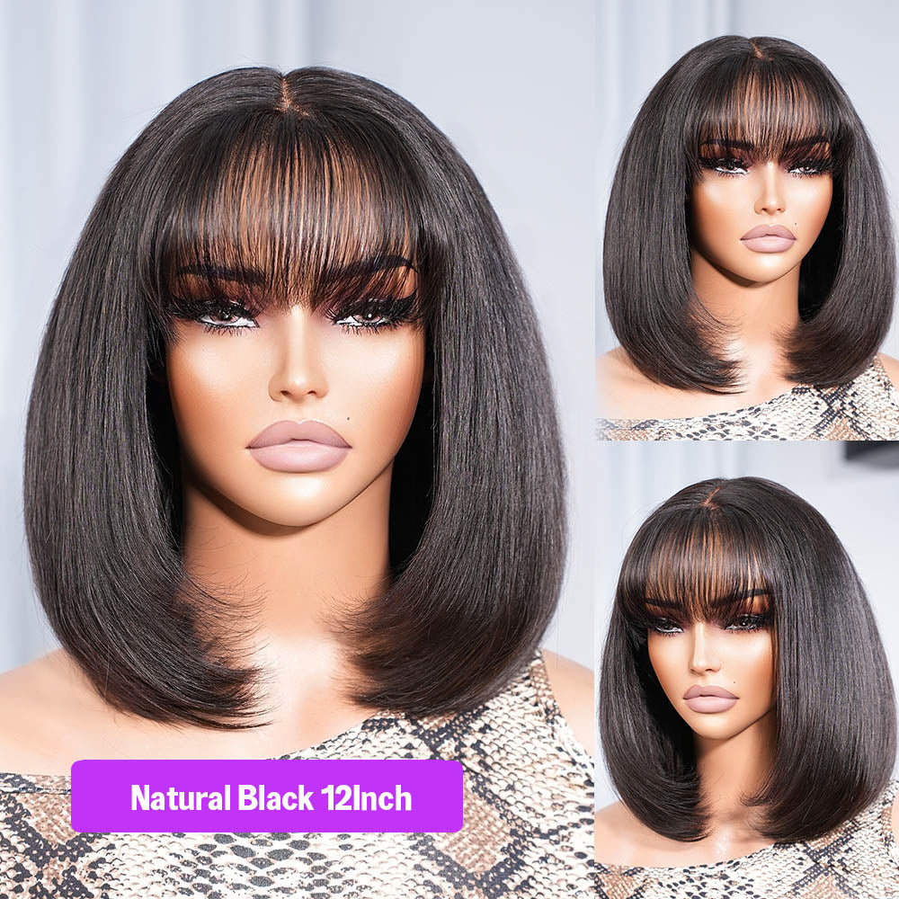 6 inch Deep Part Straight Bob Black Wig With Bangs Human Hair Glueless Wig