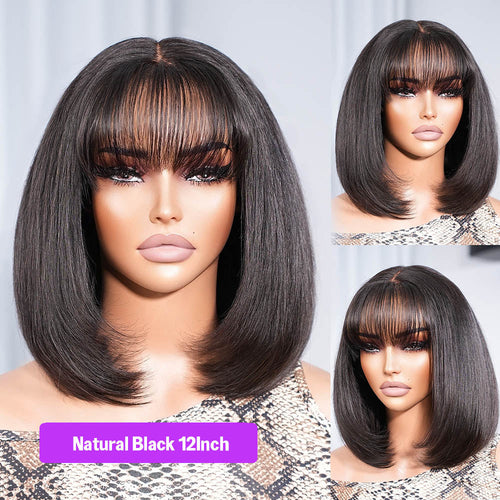6 inch Deep Part Straight Bob Black Wig With Bangs Human Hair Glueless Wig