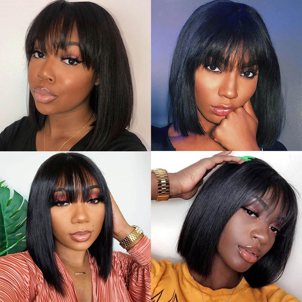 6 inch Deep Part Straight Bob Black Wig With Bangs Human Hair Glueless Wig